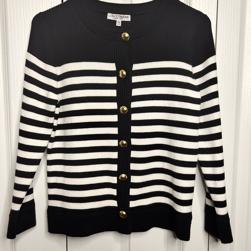 Love Trend Women’s MP Black and White Striped‎ Sweater Cardigan Gold Buttons